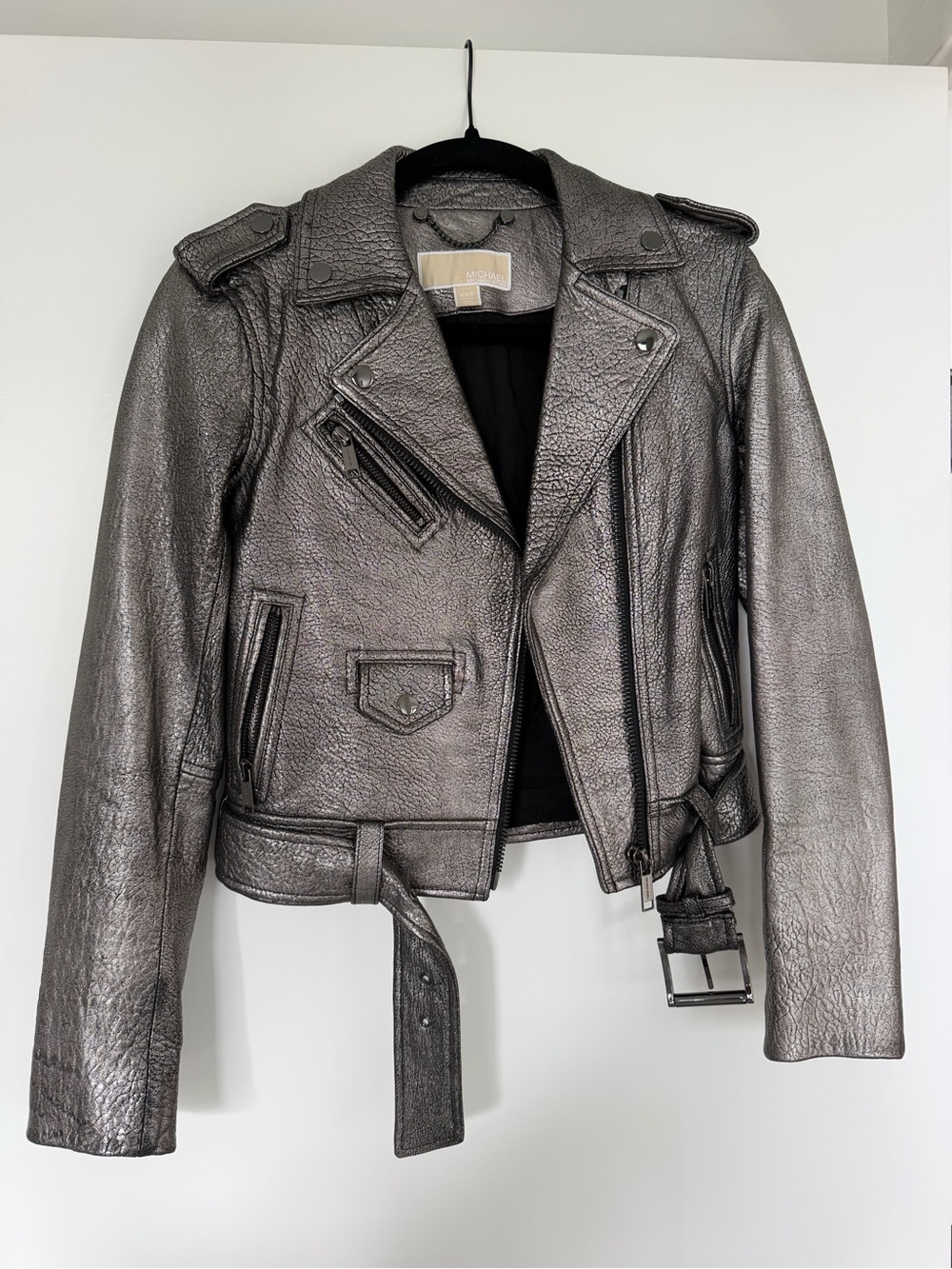 Michael Kors Metallic Silver Leather Biker Jacket
